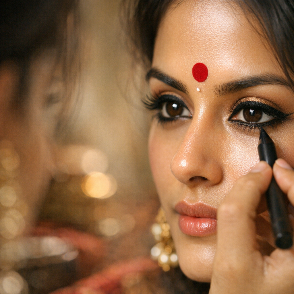 4. Option Bollywood : regard kajal, peau lumineuse et point rouge indien