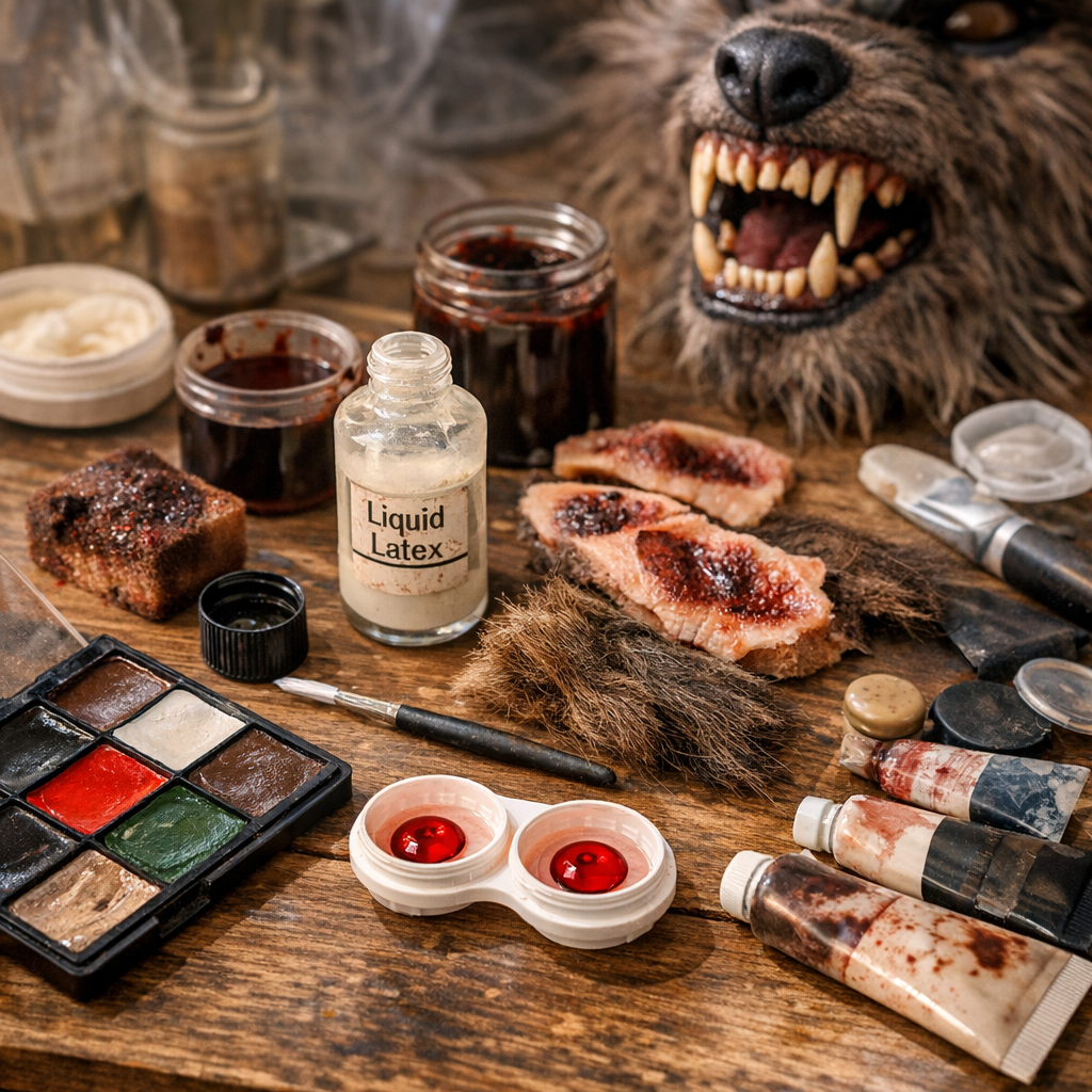 Kit de maquillage d’Halloween&nbsp;: fards, latex, lentilles rouges et alternatives