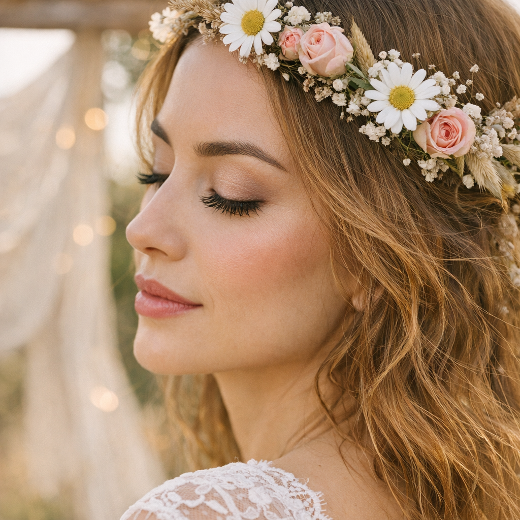 4. La touche hippie chic : fleurs, cils, sourcils et bouche sans effet déguisement