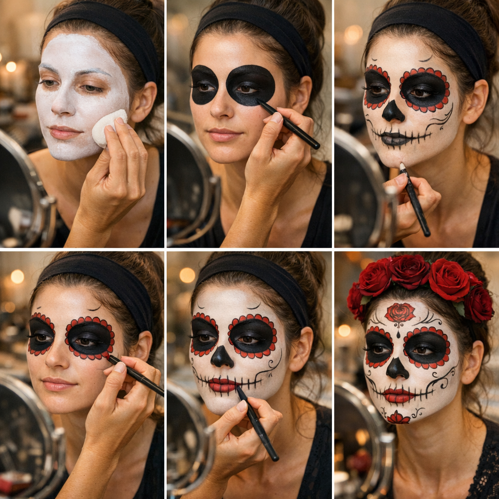 3. Step by step&nbsp;: 6 gestes pour un maquillage tête de mort mexicaine facile